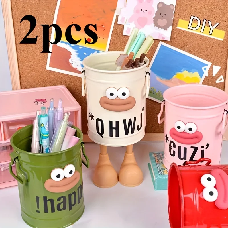 2pcs cartoon personalized pen holder, simple retro office storage bucket, desktop storage, home learning storage