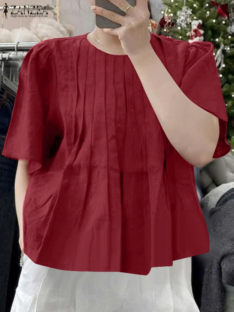 ZANZEA blusa plisada Color sólido Tops de manga corta 2025 mujeres Casual verano playa túnica cuello redondo suelto Blusas de gran tamaño jerseys