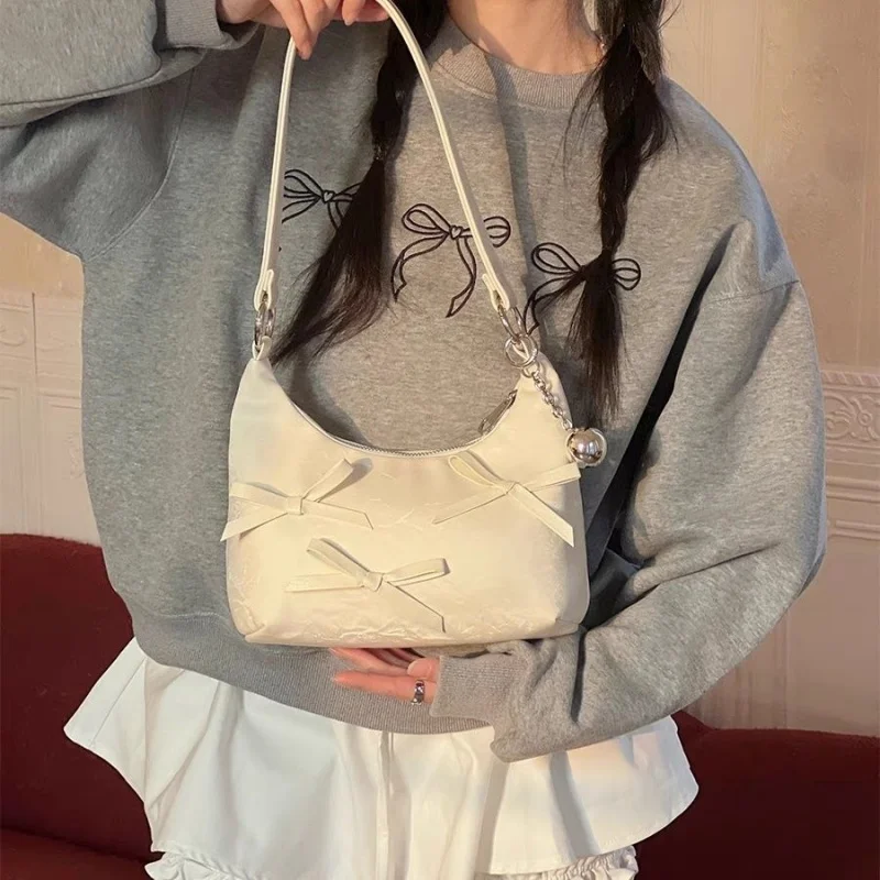 Korean Fashion Sweet Bow Underarm Bags Women Silver Commuter Shoulder Crossbody Bag