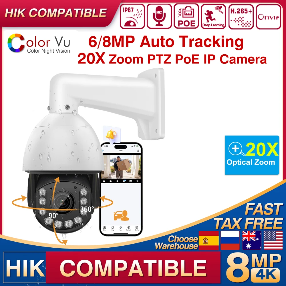 Hikvision Compatible 4K 8MP 20X IR Zoom PTZ Camera  Auto Track Human Vehicle Detection Two Way Audio Video Surveillance