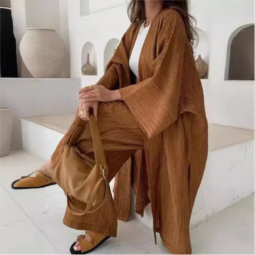 

Autumn Fashion Textured Cardigan Tops Women's Suit Casual Home Clothes Loose Long Jacket + Wide-leg Trousers 2 Piece Set Female
