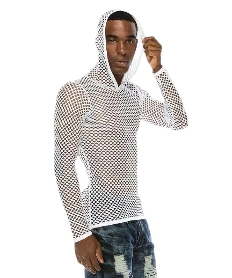 2024 Men T Shirt Streetwear Hoodie Men Long Sleeve Fishnet Mesh Transparent Breathable Tops Sexy Underwear Fetish Nightwear