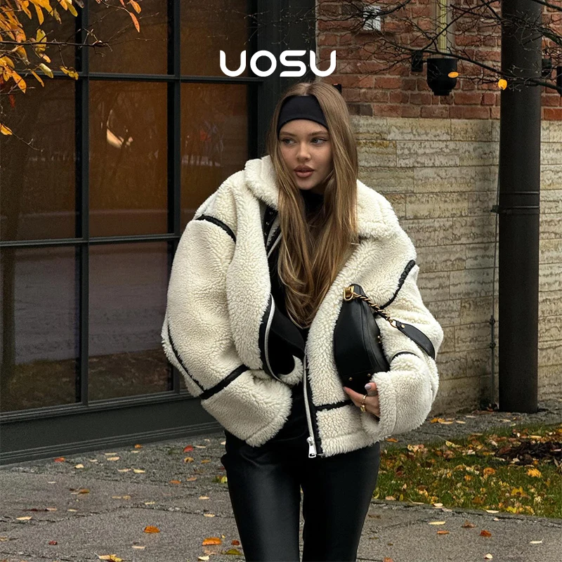 Faux Fur Biker Jacket for Women Fave Teddy Bear Shearling Fuzzy Staple Coat Belt Buckle Girls' Streetwear Chic Fashion Winter