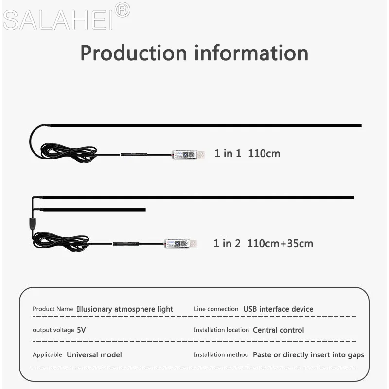 USB 자동차 LED 앰비언트 라이트 아크릴 스트립, 풀 컬러 RGB 자동차 인테리어, 숨겨진 앱 리모컨 분위기 램프, 64 색, 110cm