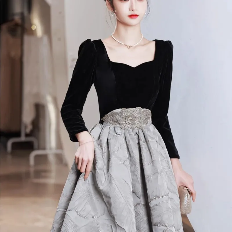 New temperament light luxury banquet host long sleeve birthday Mitzvah graduation student dress