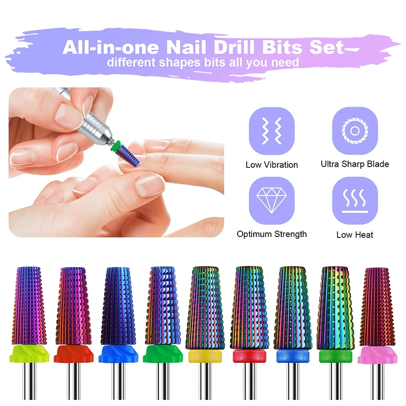 

5-In-1 Purple Professional Tungsten Carbide Nail Drill Bits Milling Cutters For Gel Acrylic Removal Manicure Tools Accessories