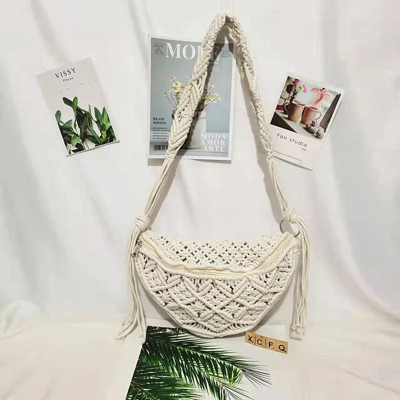 Women Summer Bohemia Crossbody Bag Fashion Waist Pack Cotton Weaving Shoulder Bag Ladies  Beach Rattan Bag Handmade Woven Bags