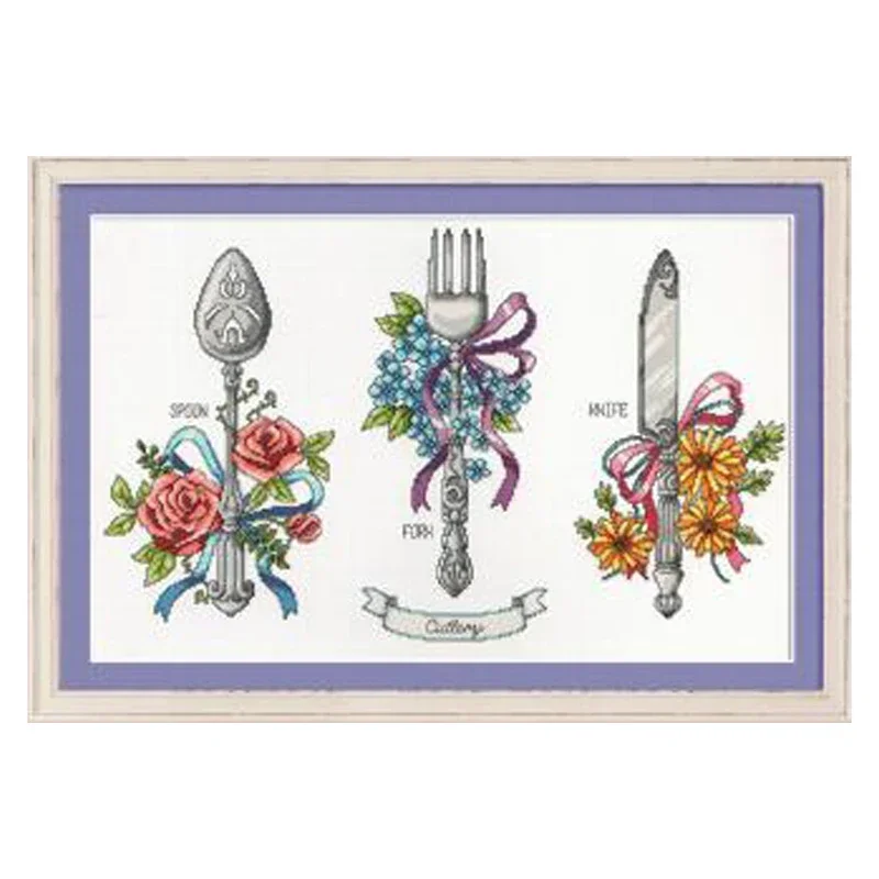 Amishop Gold Collection Lovely Counted Cross Stitch Kit Cutlery Spoon Fork Knife SO G94