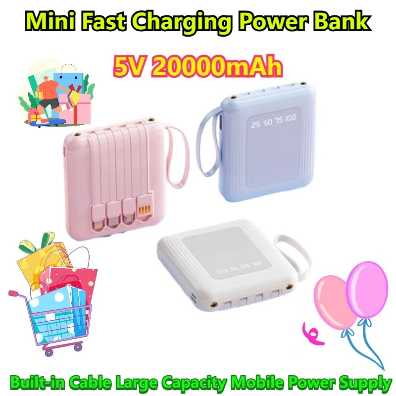 

5V 20000mAh Mini Fast Charging Power Bank with Built-in Cable Large Capacity Mobile Power Supply