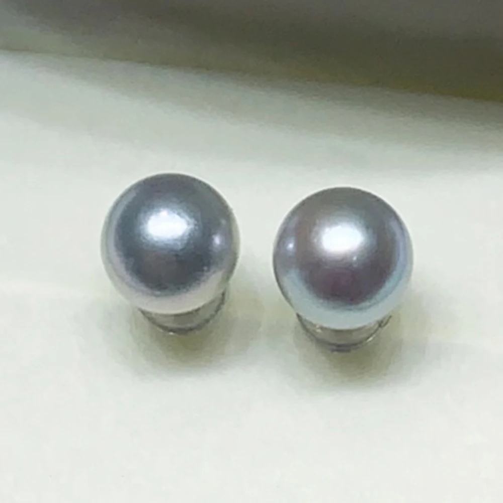 

Cool and Aristocratic Akoya Pearl Earrings with 8-9mm Perfect Round Silver Blue Real Akoya Seawater Pearls and 925 Silver Posts