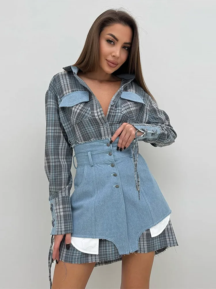 

Lapel Plaid Shirt Mini Skirts Women's Set Fashion Shirts Slim Fit Waistband Skirt Sets Female Y2K Design Casual Street Outfits