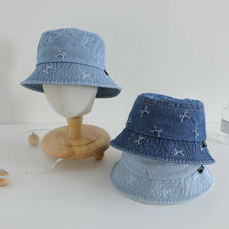 

Spring Summer Baby Fisherman Hats Lovely Bow Pattern Kids Boys Girls Outdoor Sun Hat Fashion Denim Children Bucket Caps