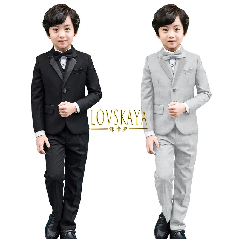 Smoking formal para meninos, smoking preto, terno de cavalheiro infantil, vestido de casamento, 3 a 12 anos, 5 peças