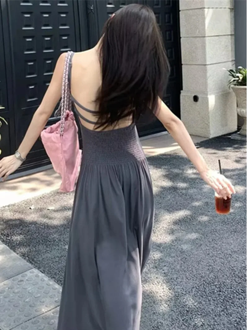 

French Hepburn Vacation Style Big Swing Dress 2024 Women's Summer New Style Backless Long Dress High Waisted Solid Slim 0EUK