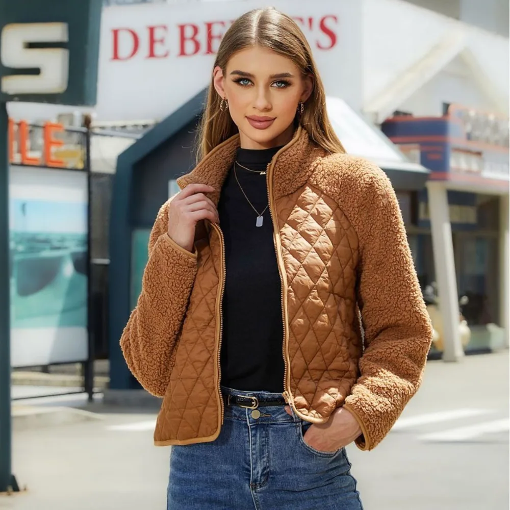 Cardigan zippé à manches longues pour femmes, veste patchwork en peluche, velours flash, vêtements d'automne et d'hiver, nouveau, 2023