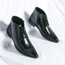 Botas de cuero con cremallera y cordones para hombre, zapatos informales con plataforma, versátiles, británicos, a la moda, para negocios y eventos sociales