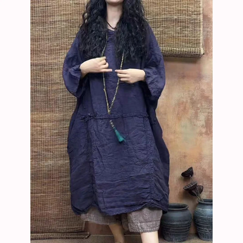 

Summer Arts Style Women Batwing Sleeve O-neck Knee-length Dress Good Quality Cotton Linen Vintage Knot Button Loose Dresses T262