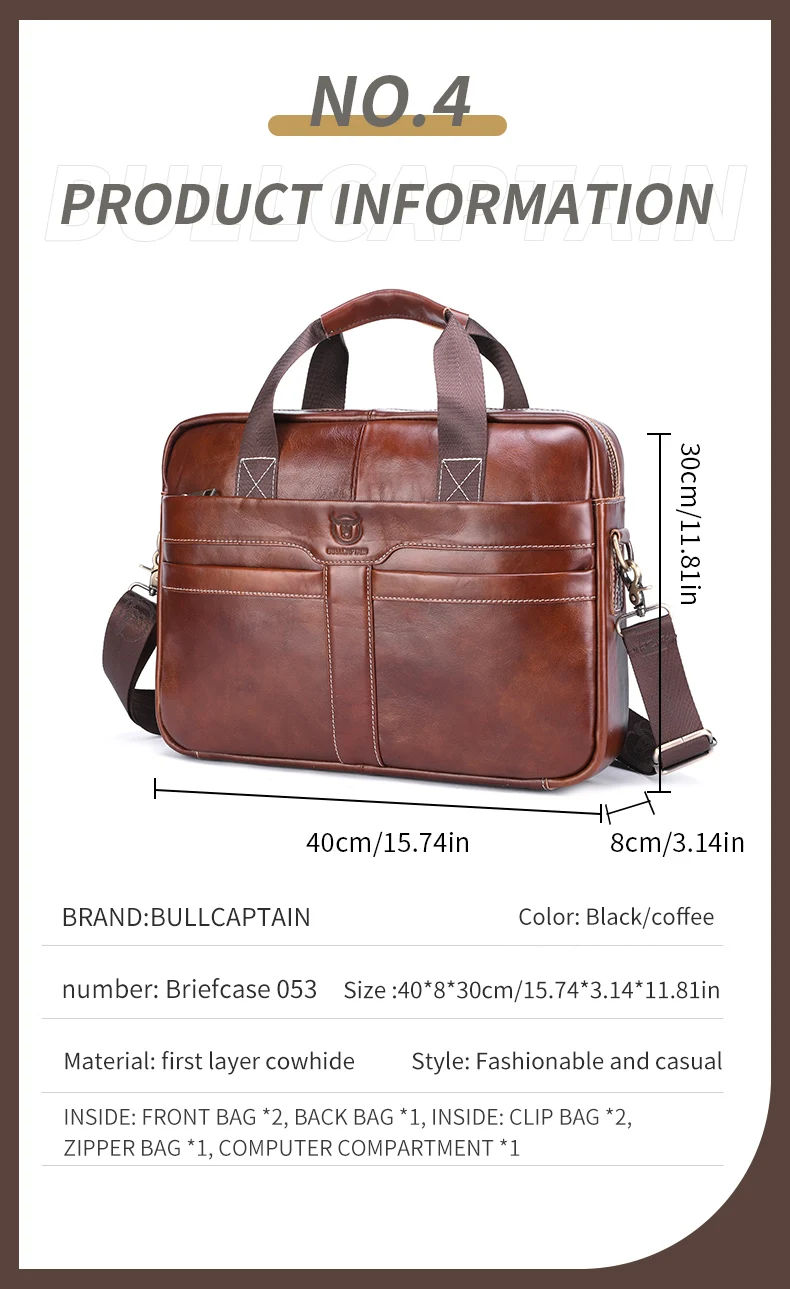 BULLCAPTAIN Leather Laptop Bag, Top Layer Leather 15' Laptop Bag Men's Laptop Briefcase Work Business Travel Bag 053