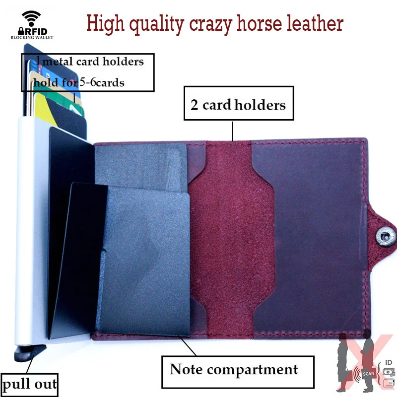 Cartera Rfid Crazy Horse para hombre y mujer, tarjetero de cuero genuino, minimalista, de Metal