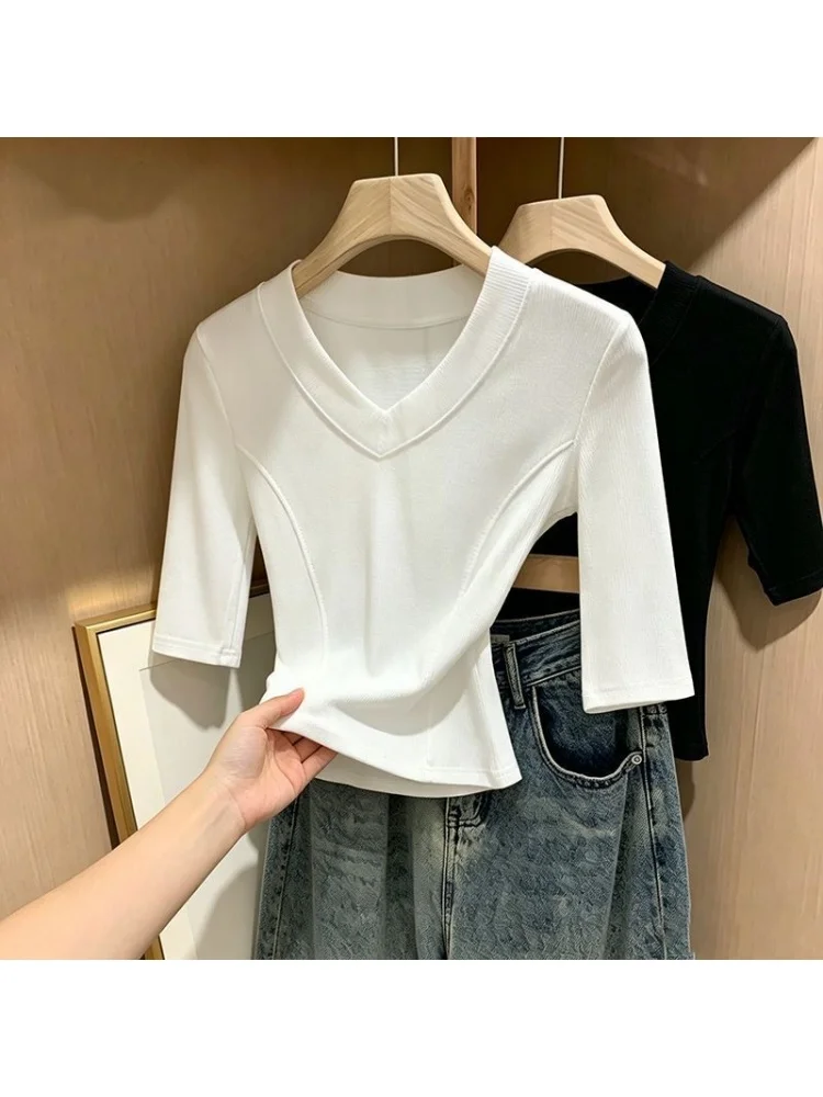 Slim Fit V-Neck Short Sleeve T-Shirt 95 Cotton Base Shirt Summer plus Size Women's Fashionable Inner Wear Casual Top