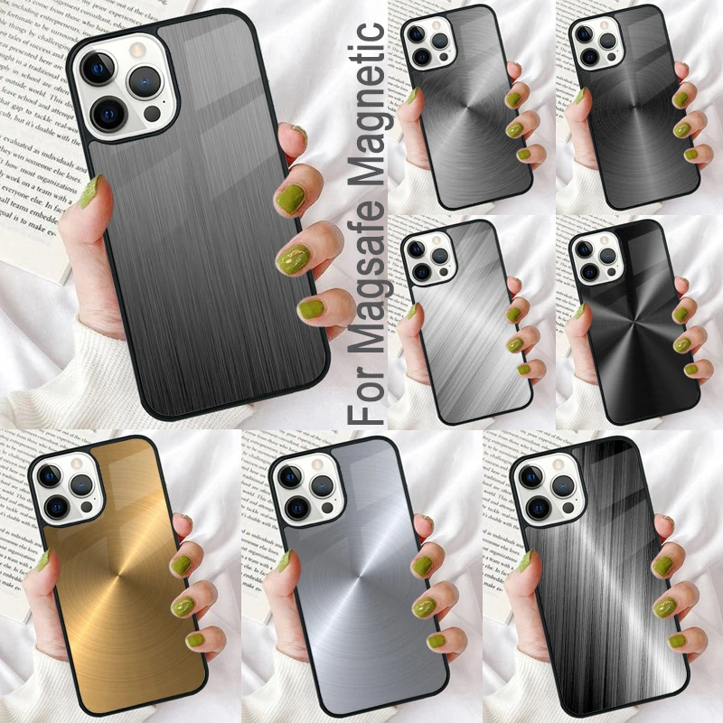 Brushed Metal Texture Steel Magnetic Soft Phone Case for iPhone 16 Promax 15 Pro 13 14 Plus 11 12 Mini MagSafe Coque