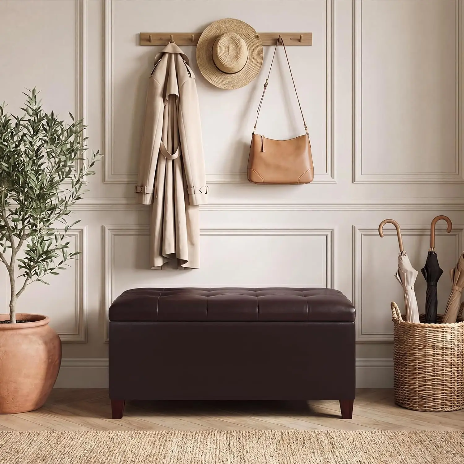 Faux Leather Storage Ottoman Bench, Safety Hinge Wooden Legs, Bedroom Entryway Living Room, 33