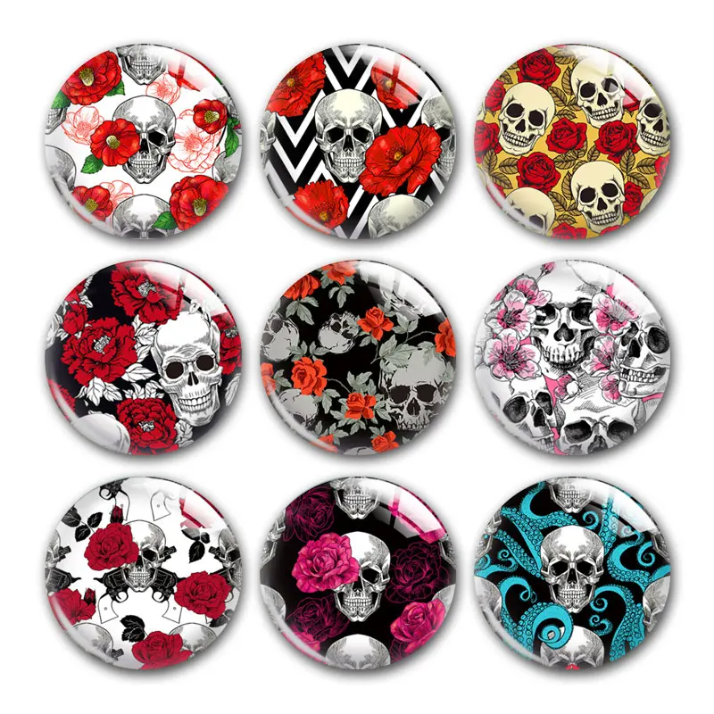 Halloween Skull Head Rose Flower Valentine Round Photo Glass Cabochon Demo Flat Back For DIY Jewelry Making Supplies Snap Button