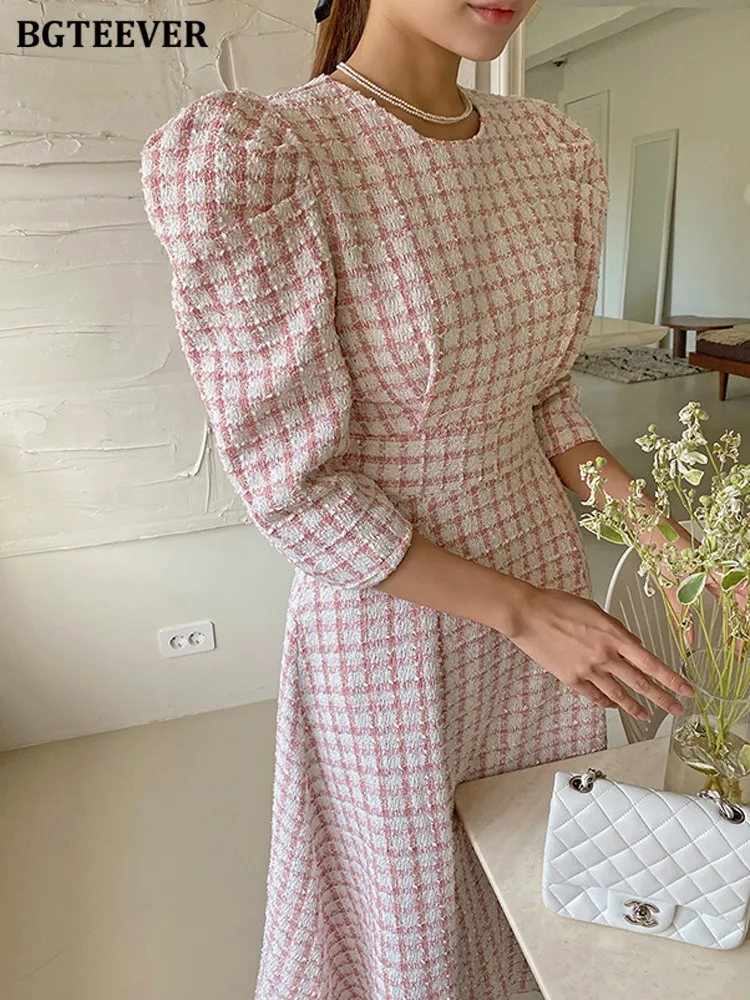 BGTEEVER Elegant Puff Sleeve Women A-line Dress Spring Summer Slim Waist Female Plaid Dress Chic Mid-length Ladies vestidos