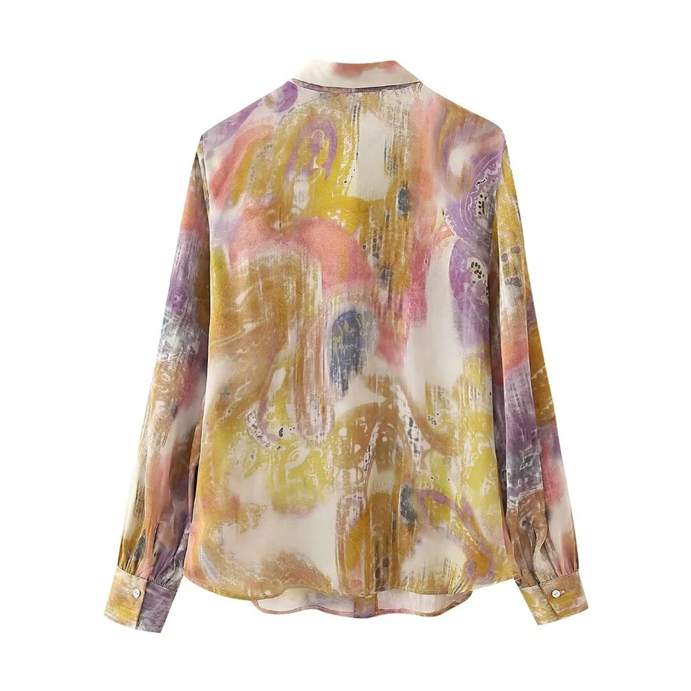 2024 Women\'s Fashion New Layered Tone Printed Satin Texture Shirt