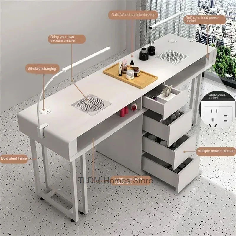 Table de manucure simple et Double moderne avec tiroirs, ensemble Table et chaise pour ongles de Style crème, Table de luxe légère pour magasin de manucure