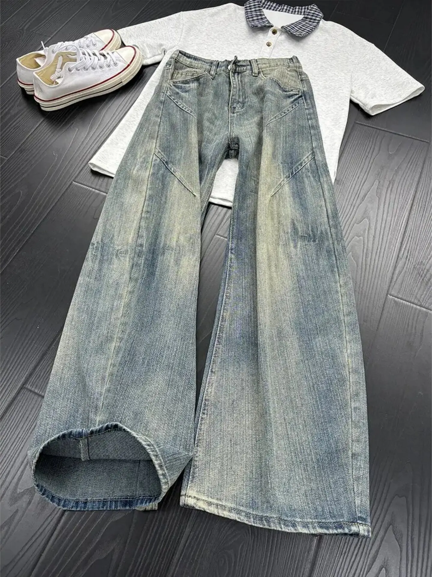 American Retro Bamboo Knot Patterned Men's Jeans Straight Leg Wide Leg Pants Durable Denim mid Waist Zipper Closure Summer Wear