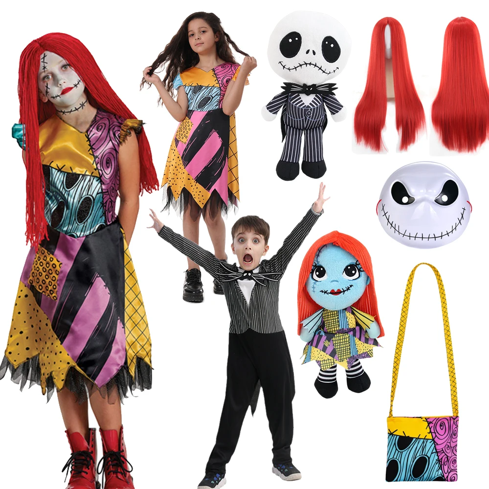 

2024 Halloween Costumes Sally Jack For Kids The Nightmare Before Christmas Princess Halloween Carnival Party With Wig Bag Suits