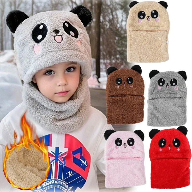 Gorro con orejeras de oso de invierno para niños, jersey con capucha con forro polar suave y calentador de cuello, adorable diseño de dibujos animados para bebés, niños y niñas