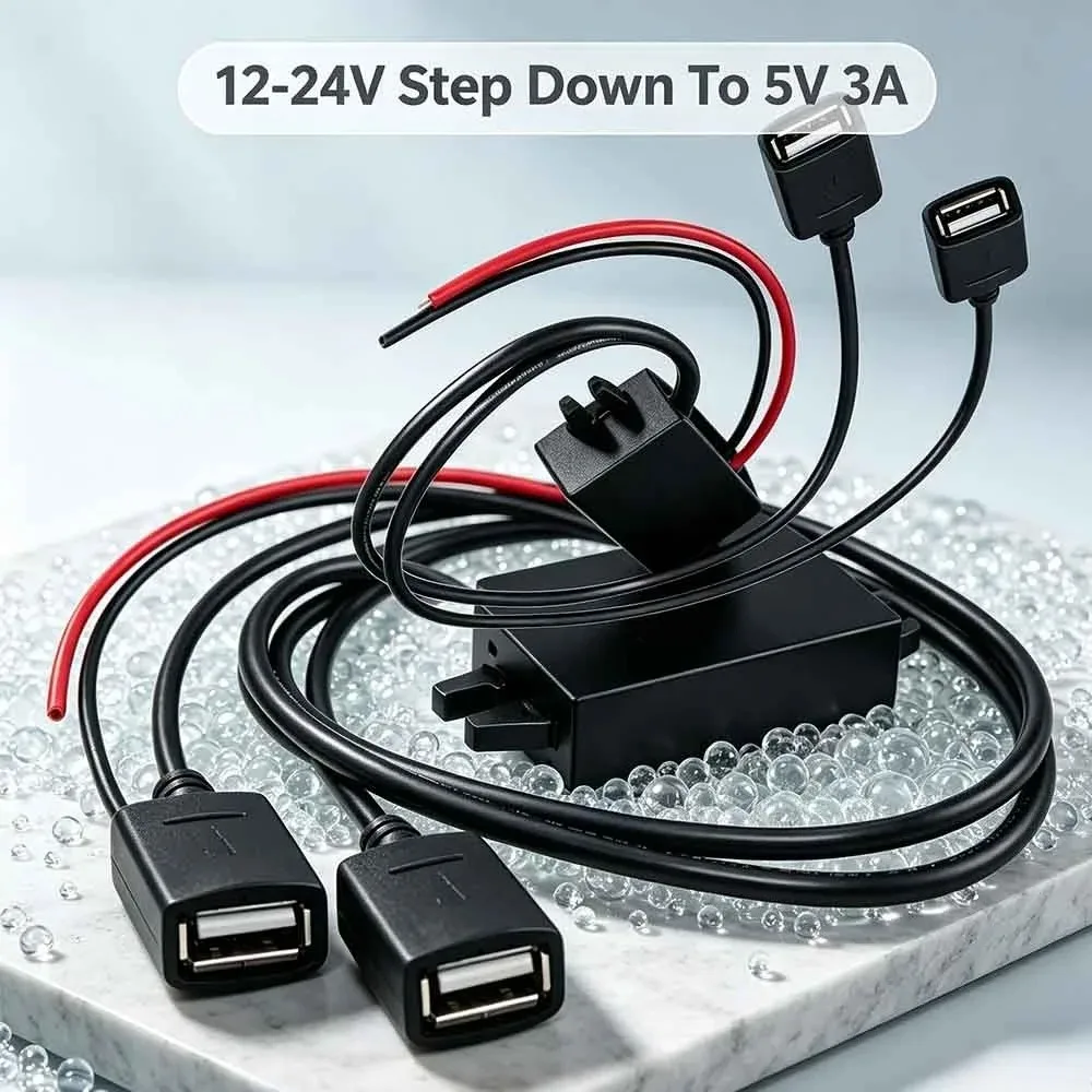DC/DC Car Power Cable DC 12-24V Step Down To 5V 3A With USB Sockets Current Max For LED Light GPS Navigation Device Car Recorder