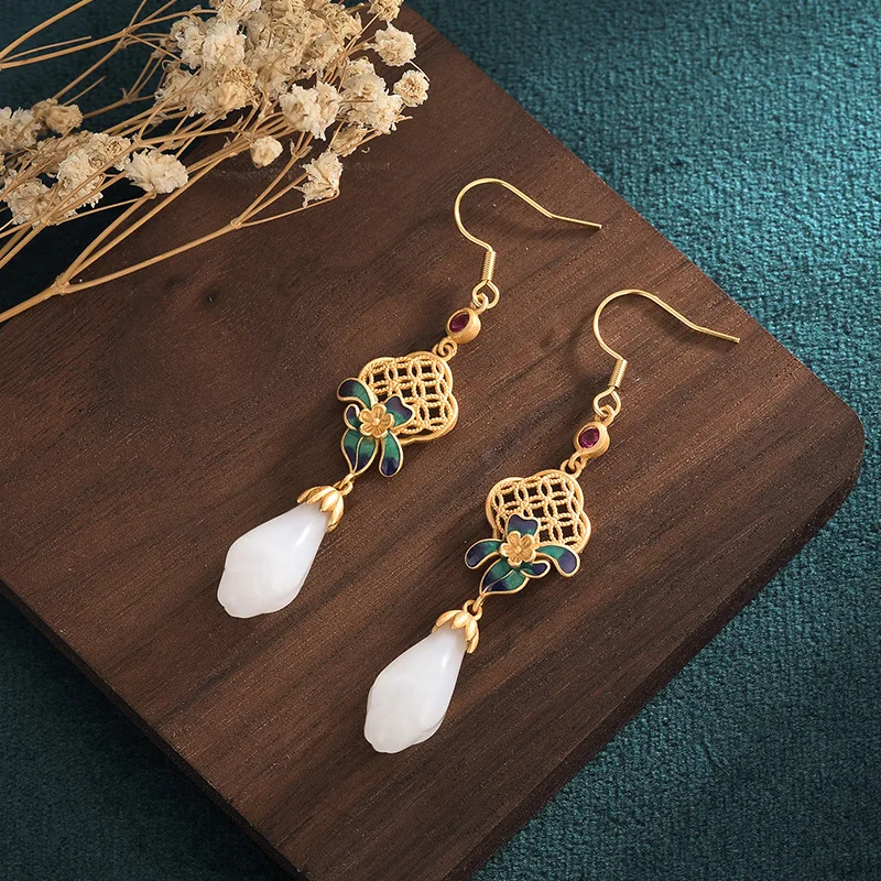 Retro Flower Water Drop Shaped Earrings for Women Girl Vintage Ancient Palace Style Dangle Earrings Inlay Jade Luxury Jewelry