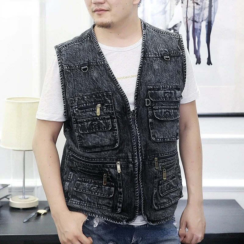 Denim Men Vest Sleeveless Jackets Blue Casual Fishing Vest with Many Pockets Male Vest