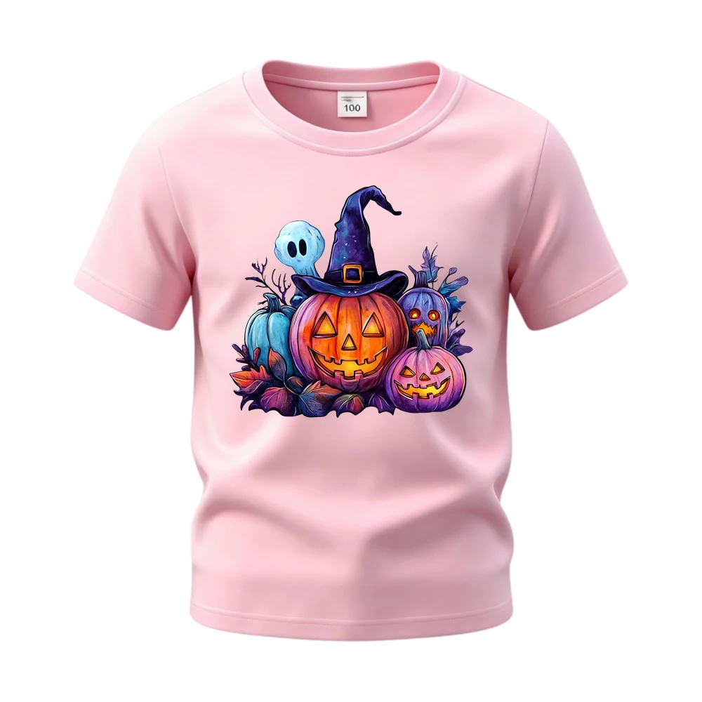 Halloween Pumpkins with Ghost Children Basic Cotton Tops Tees Short Sleeve Casual Daily Shirts T‑Shirt for Boys Girls Kids
