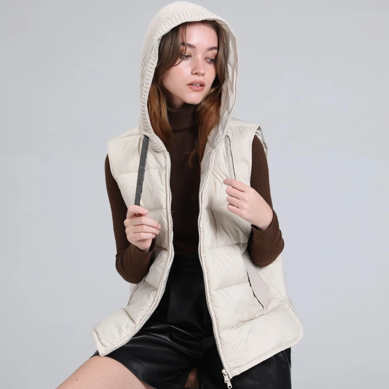 Women's Hooded Down Vest with Zipper, Short Knitted Patchwork Warm Sleeveless Casual Loose, European Goods, New, Fall and Winter