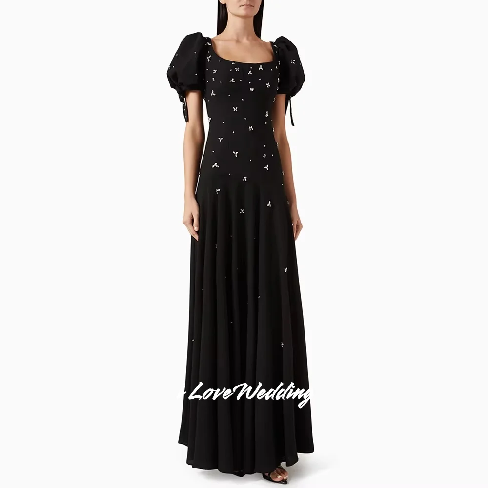 

Black Square Neck A-Line Short Sleeves Crystal Backless Prom Dress Prom Gown Floor-Length Formal Party Dresses Pleated Customize