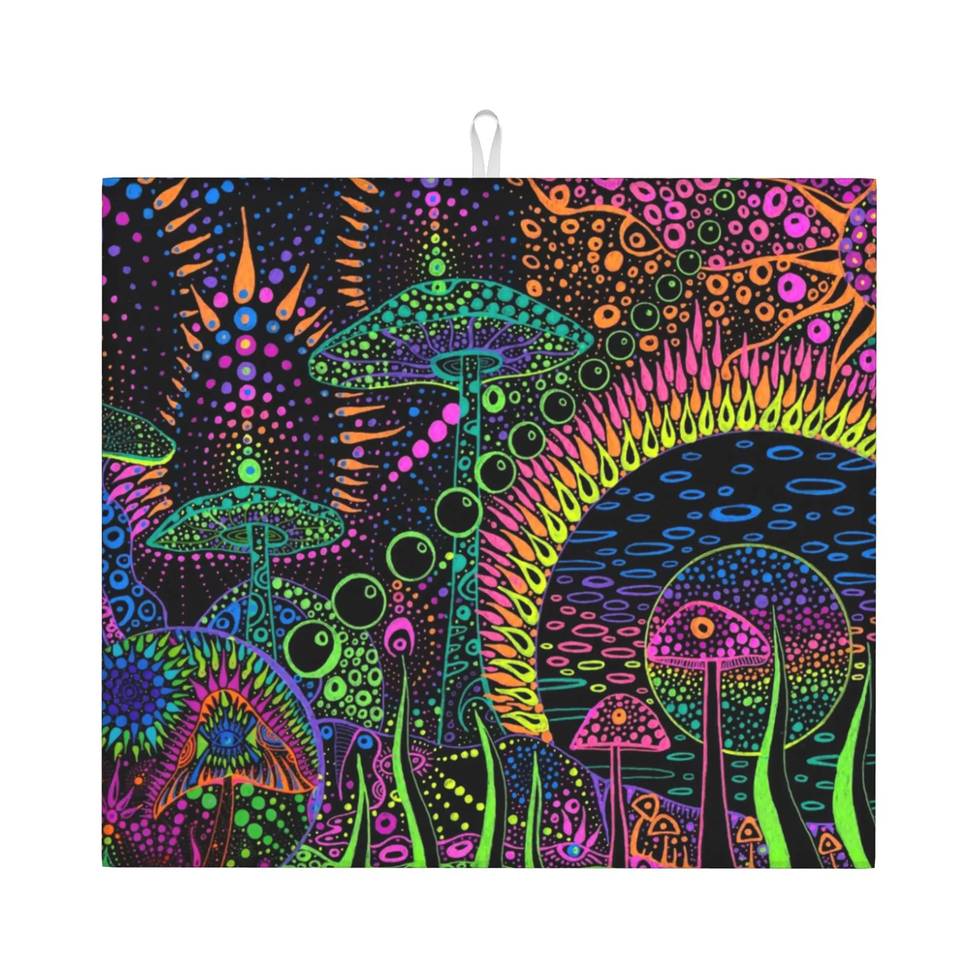 Drying Mat For Kitchen Magic Mushroom Trippy Psychedelic Neon Pastel Goth Barware Tableware Washable Kitchen Sink Drying Pad