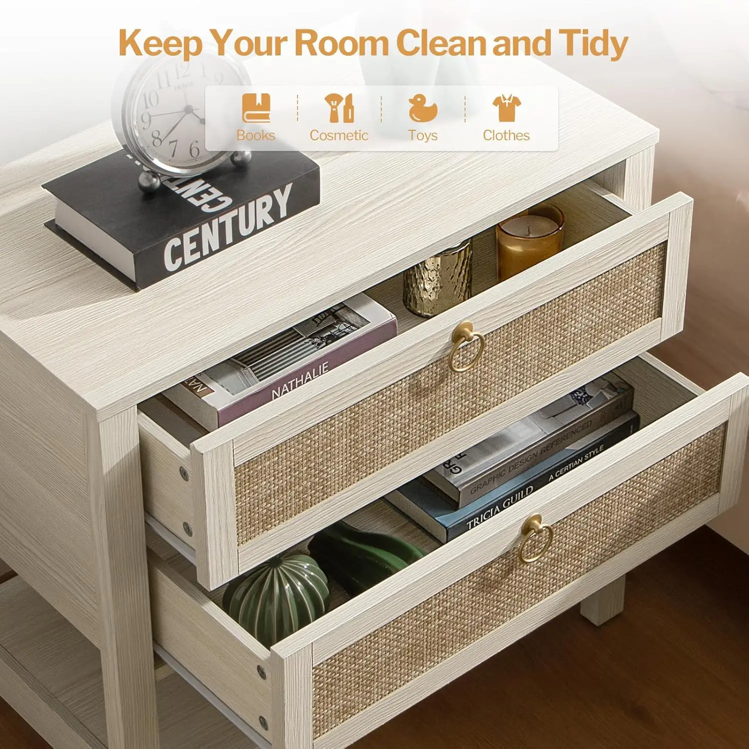 مجموعة حامل ليلي أبيض من سيكوتاس مكونة من قطعتين، منضدة كبيرة مع أدراج ورف تخزين - طاولة بجانب السرير ضيقة من الروطان بوهو