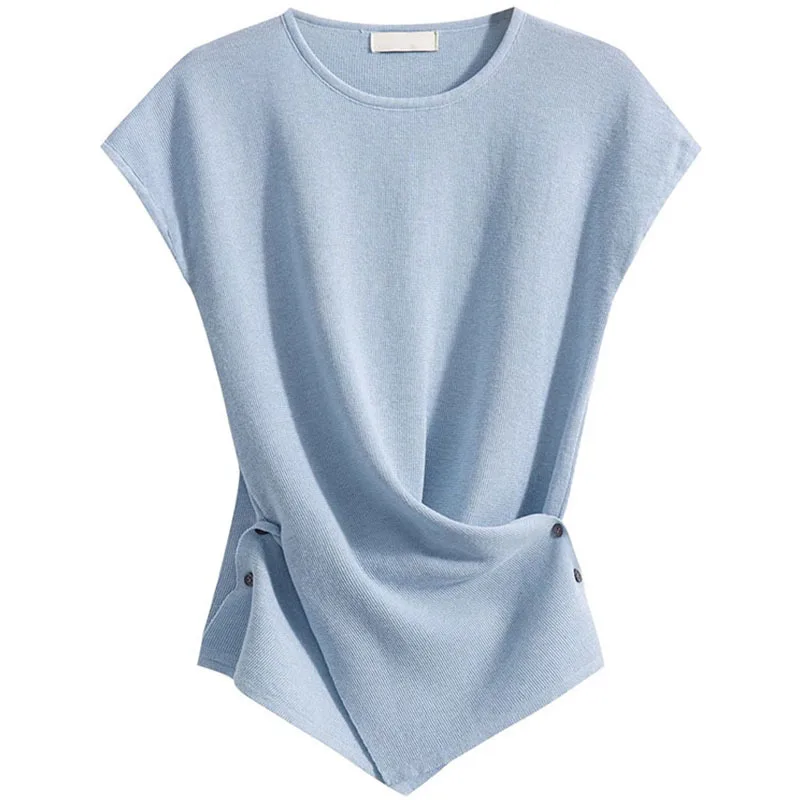 

French Irregular Folds Short Sleeve T-Shirt Women's Simple Temperament O-Neck Solid Color Tops Summer Versatile Fashion Tees