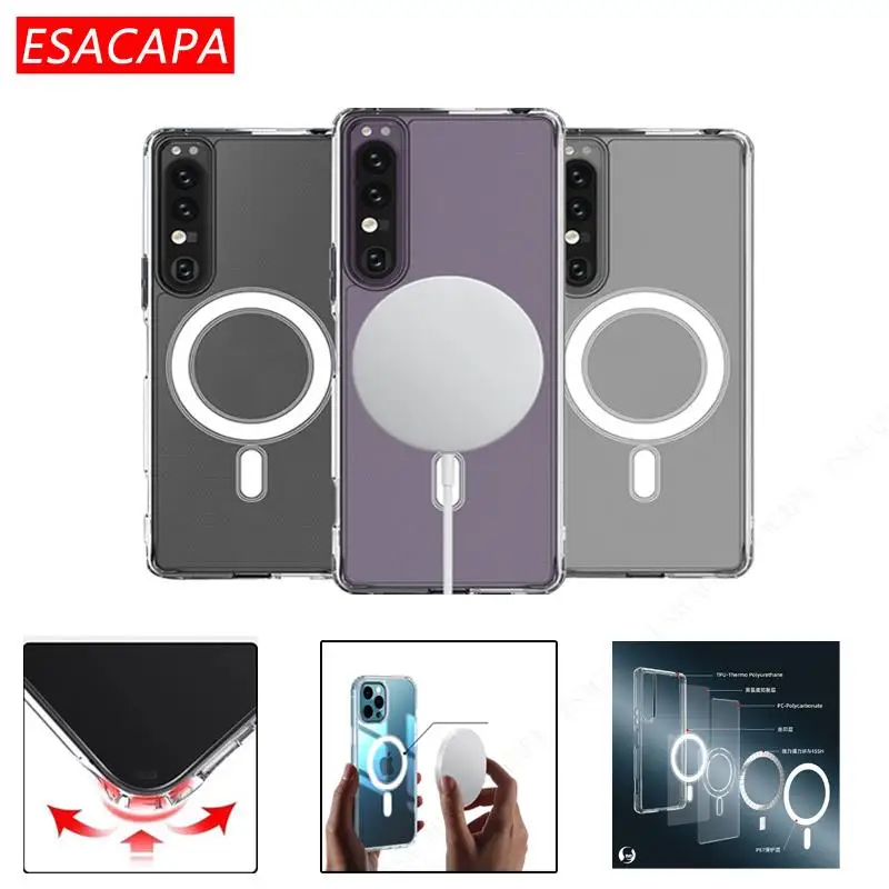 

For Sony Xperia 1 III Cases For Magsafe Magnetic Phone Case For Sony Xperia 1 IV Transparent Shockproof Wireless Charging Cover