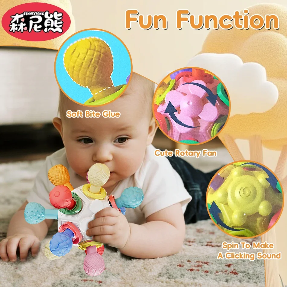 SENNIXIONG Baby Kauwbare Manhattan Ronde Bal Tandjes Speelgoed Hand Grijp Bal Klik Geluid Baby Zintuiglijke Montessori Speelgoed voor Peuter