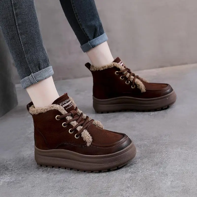 

Warm Fleece Lined Genuine Leather Snow Boots Women's Cotton Shoes Boot Short Boot Waterproof Platform Rubber Sole