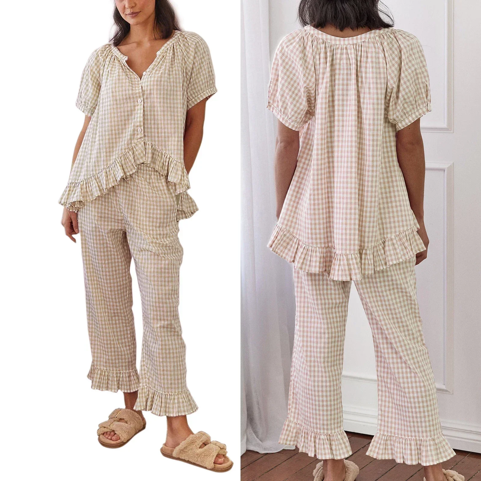 

Women’s 2 Piece Pajama Set Short Sleeve Plaid Print Button Up Shirt + Ruffle Pants Set Sleepwear Loungewear