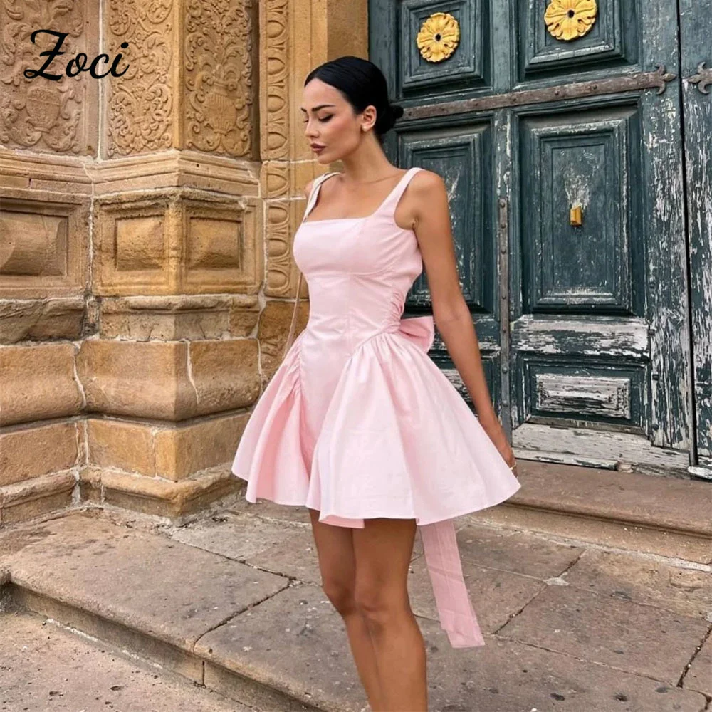 

Zoci Square Collar Short Prom Dresses Satin A Line Wide Straps Pink Homecoming Dress Customized Specail Occasion Party Gowns