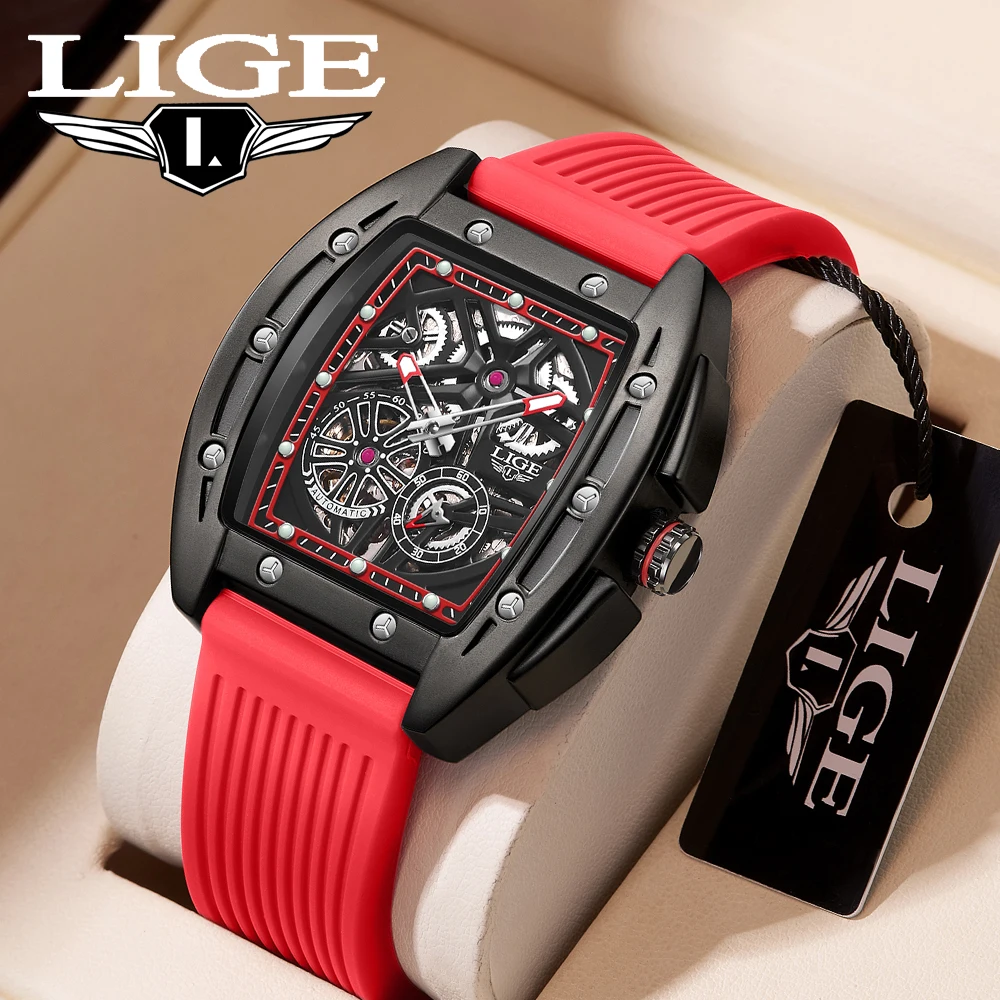 

2023 LIGE 40MM Racing Car Design Men Automatic Machincal Watches Hollow Dial Fashion Natural Silicone Green Lume reloj hombre