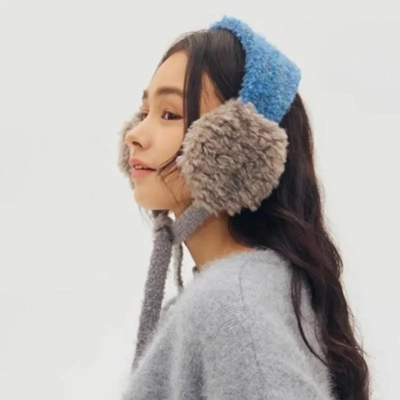 New Rolled Plush Color Matching Earmuffs for Women Winter Travel Warm Ear Protection Versatile Personalized Lace-up Pullover Hat