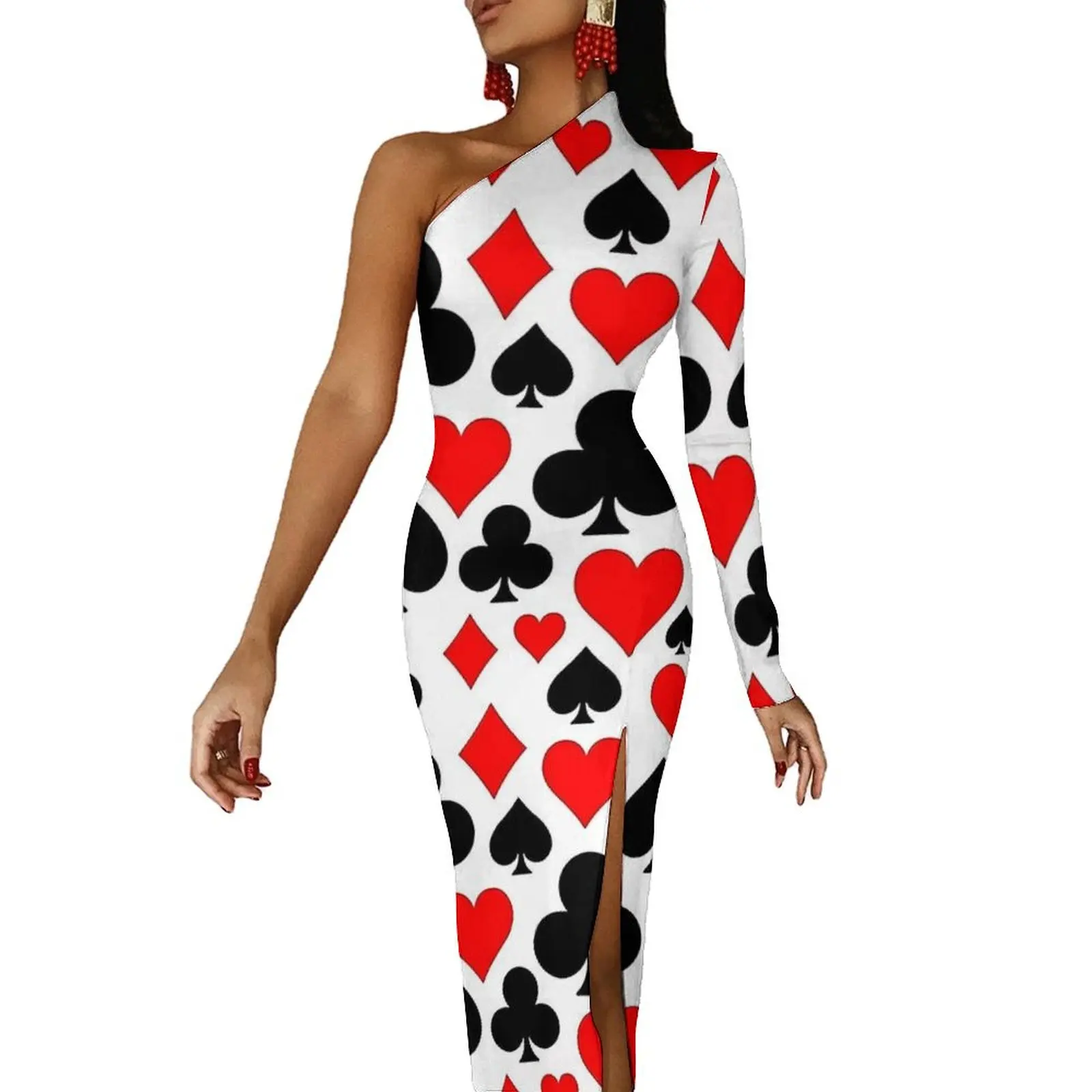 Casino Speelkaarten Speler Symbolen Maxi Jurk Lange Mouw Party Bodycon Jurken Lente Elegante Jurk Vrouwen Patroon Vestido